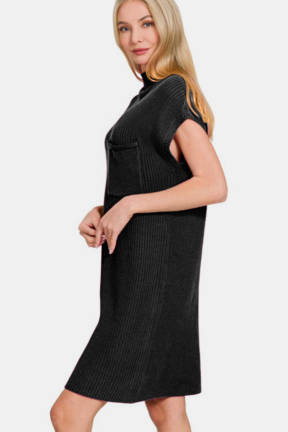 Cotton Mock Neck Short Sleeve Sweater Dress