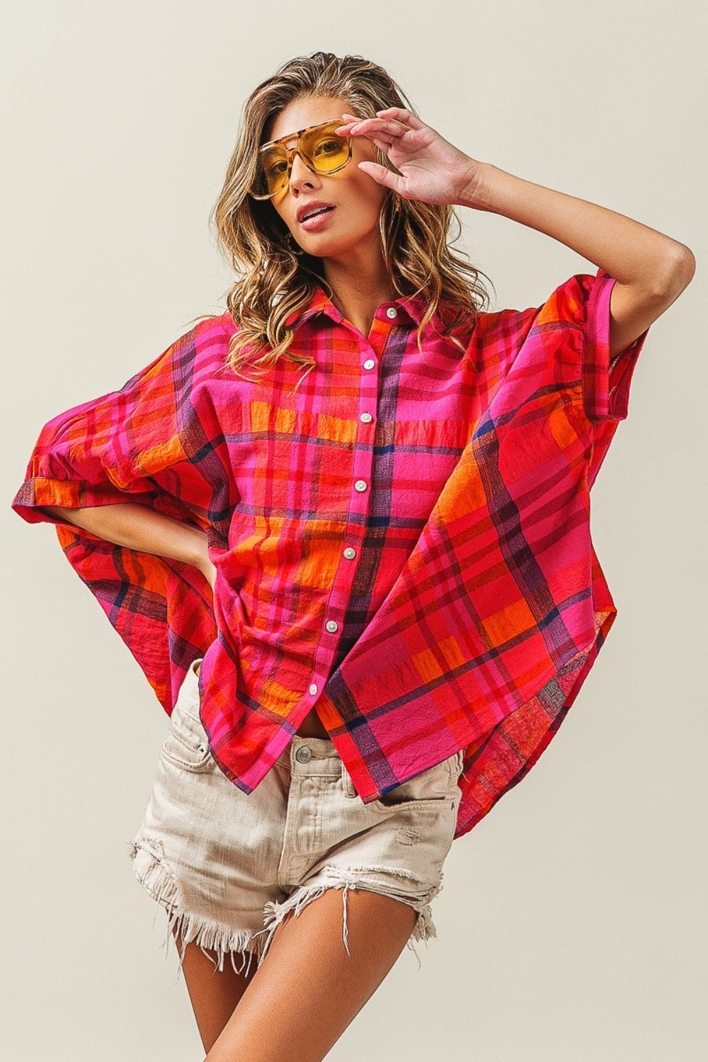 Linen Blend Dolman Sleeve Plaid Shirt