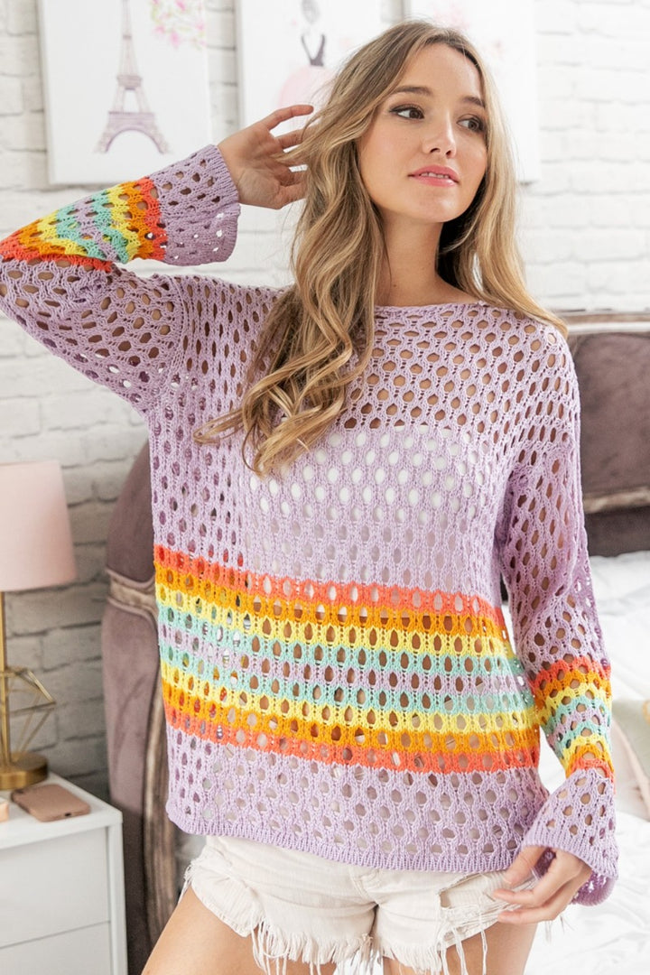 Rainbow Stripe Openwork Sweater