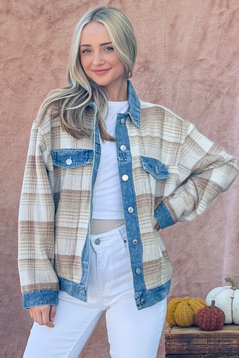 Washed Denim Brushed Plaid Jacket