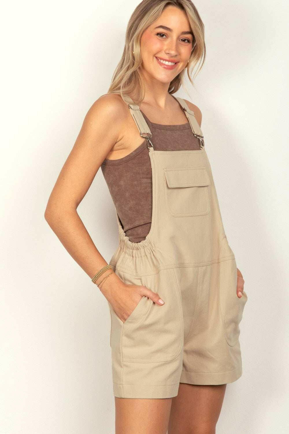 Khaki Sunny Stroll Overall Shorts - Very J