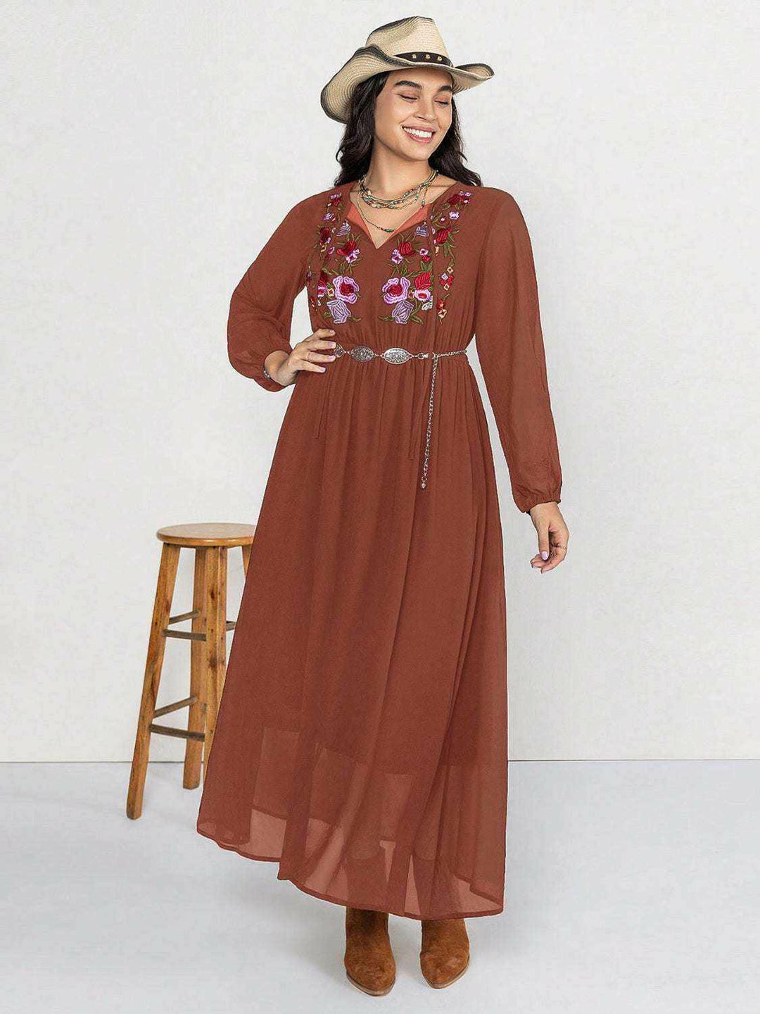 Rustic Floral Embroidered Maxi Dress - Plus Size