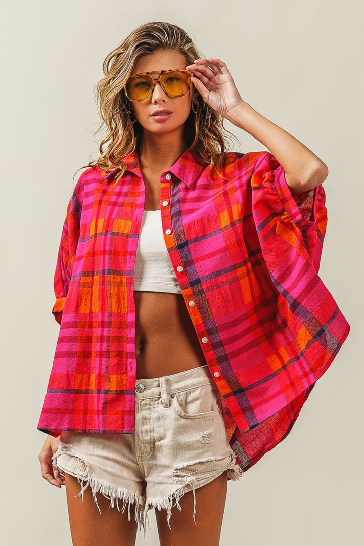 Linen Blend Dolman Sleeve Plaid Shirt