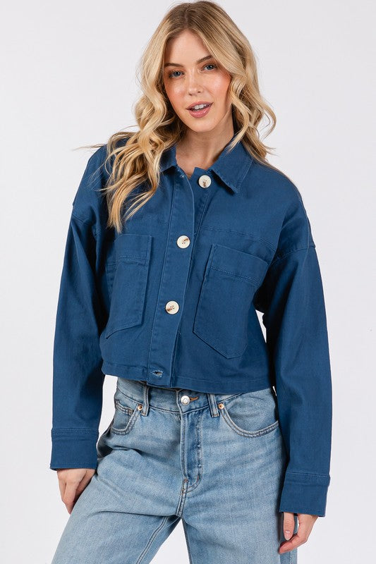 Big Button Cropped Denim Jacket