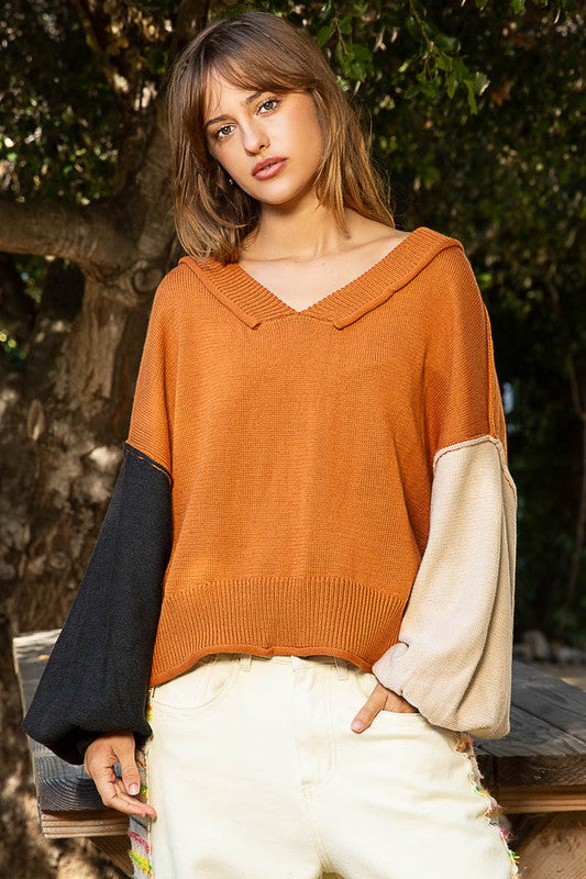 Color Block Lantern Sleeve Sweater