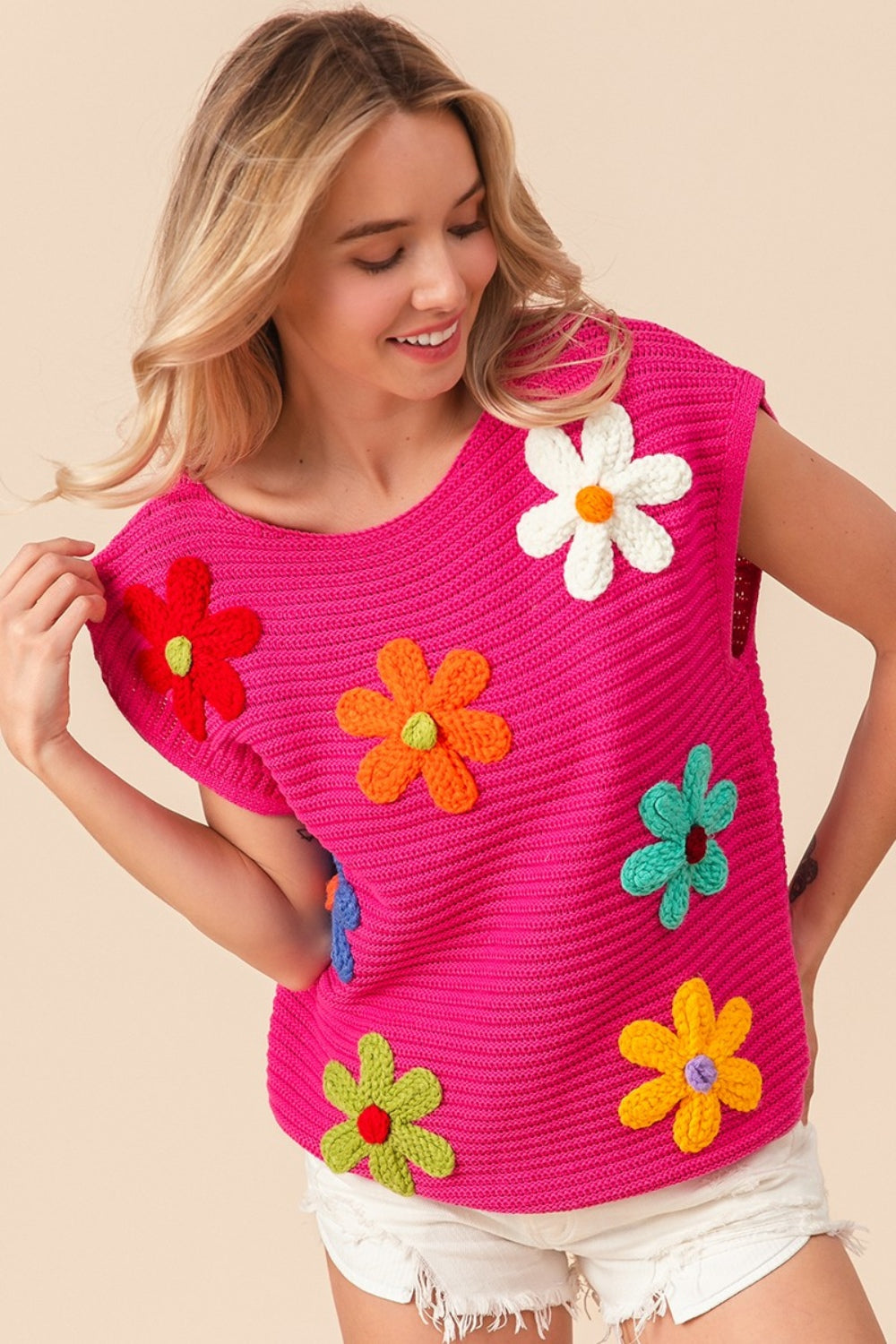 Flower Patch Cap Sleeve Knit Top