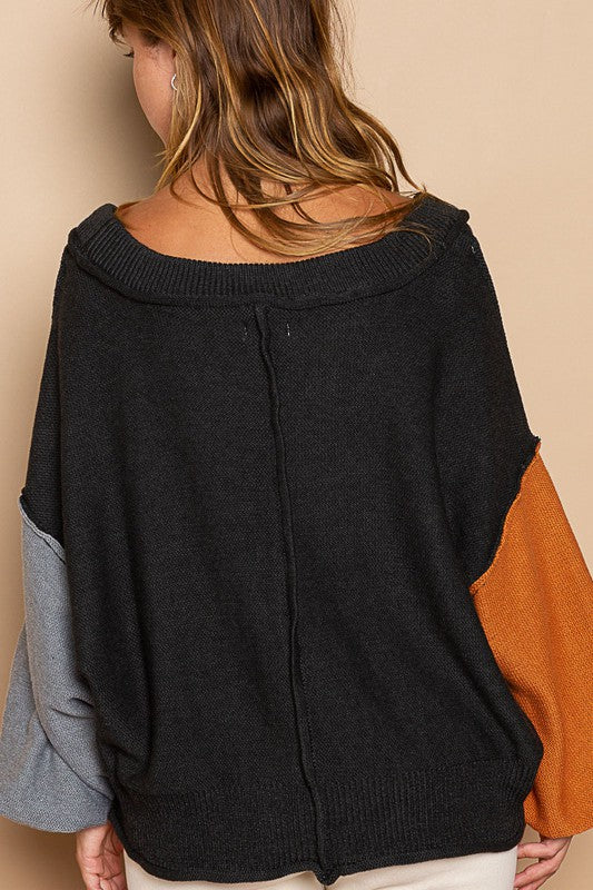 Color Block Lantern Sleeve Sweater