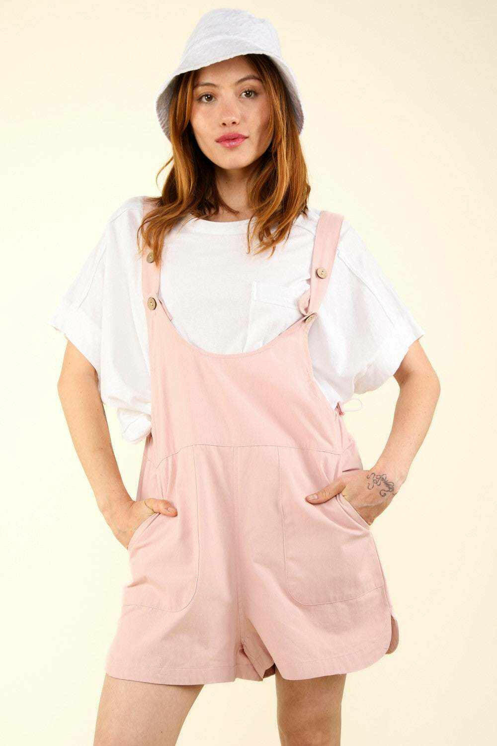 Soft Pink 'Breezy Days' Adjustable Waist Overall Shorts - Very J