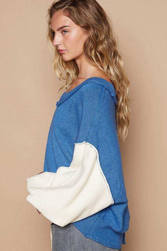 Color Block Lantern Sleeve Sweater