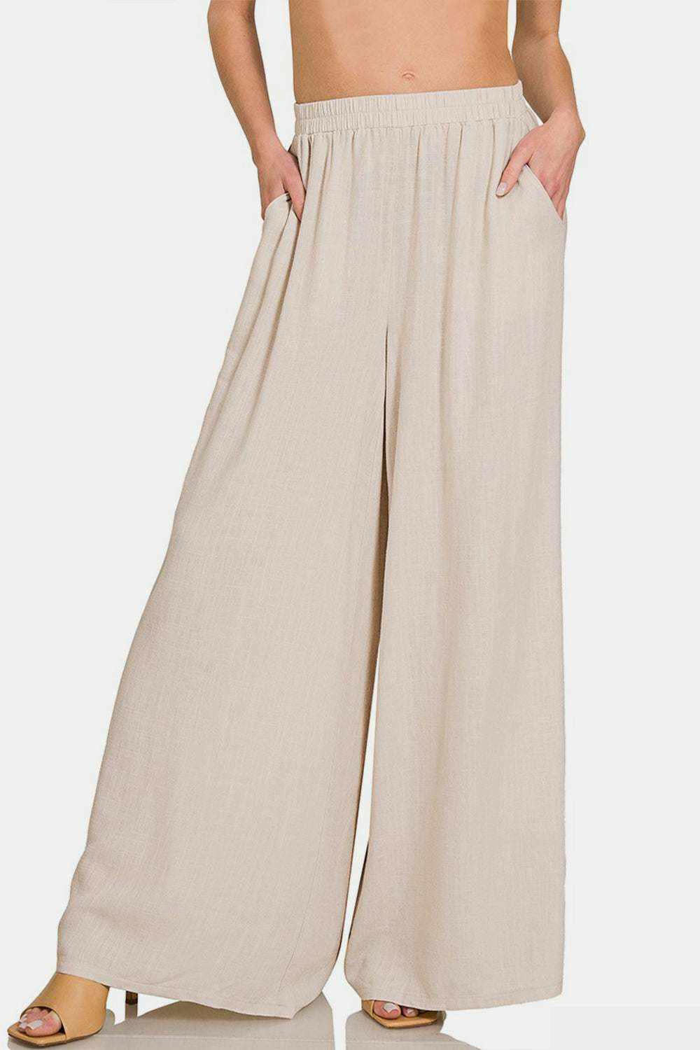 Pleated Linen-Blend Wide-Leg Pants.