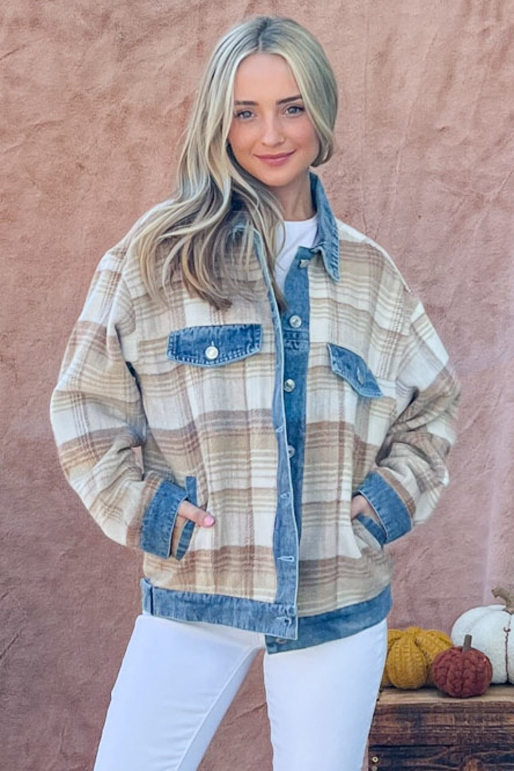 Washed Denim Brushed Plaid Jacket