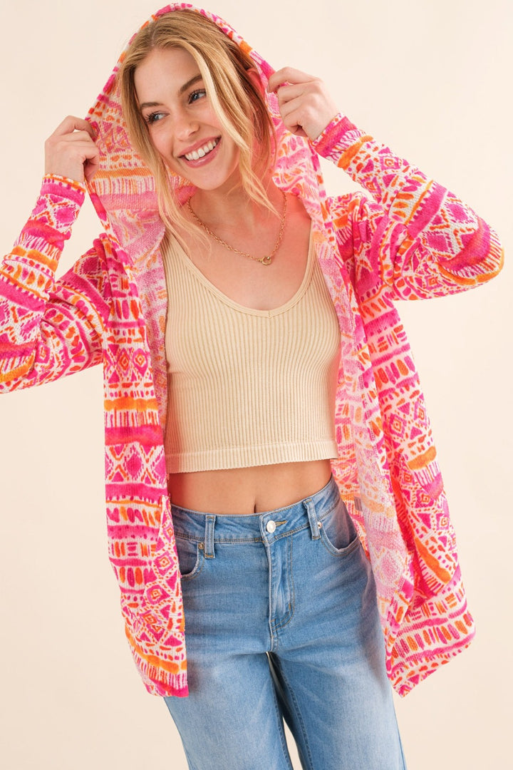 Printed Thermal Hooded Open Front Cardigan