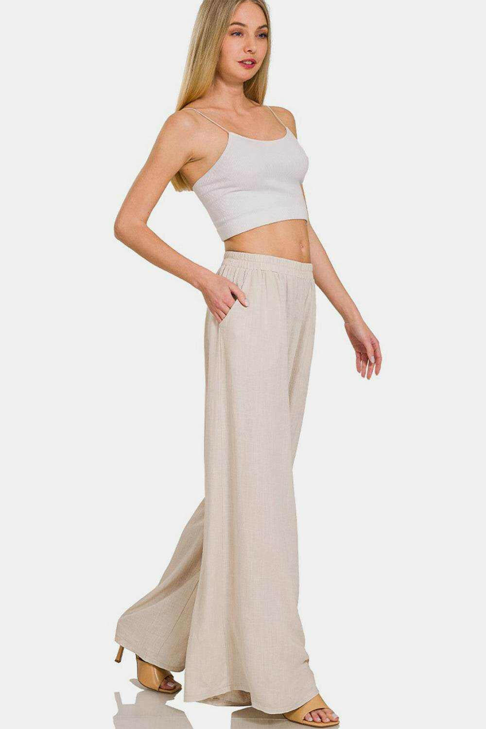 Pleated Linen-Blend Wide-Leg Pants.