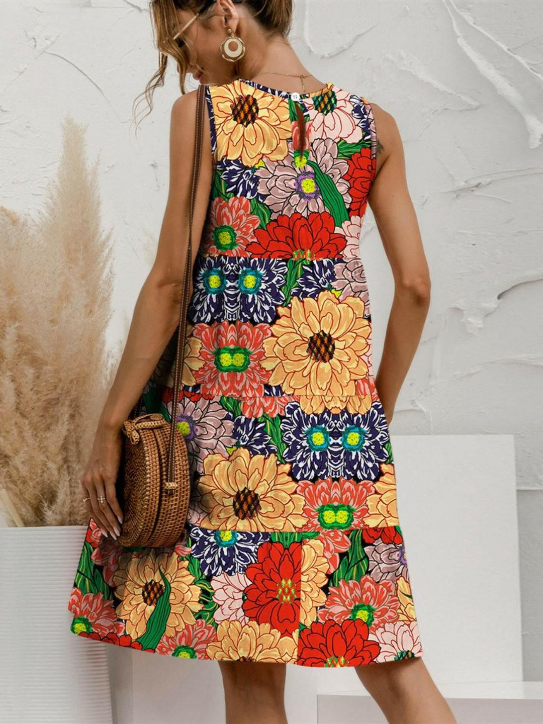 Tiered Printed Round Neck Sleeveless Dress.