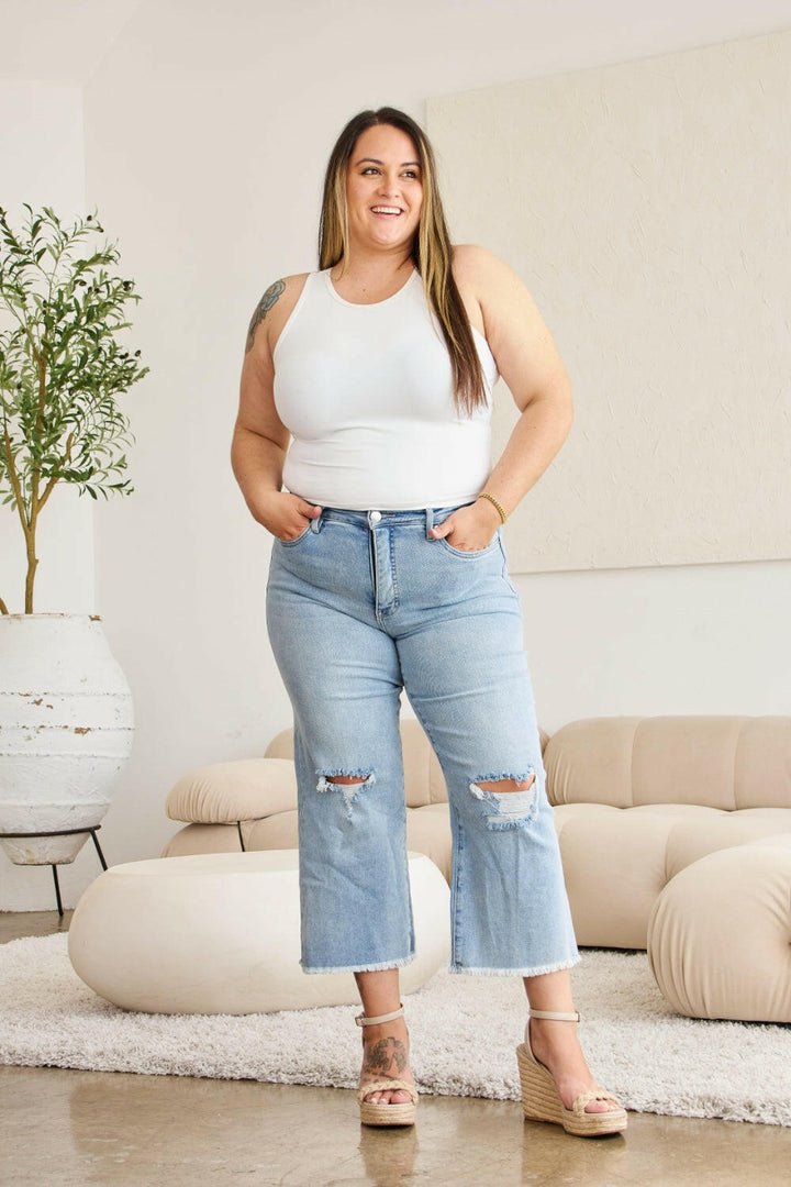 RFM Tummy Control High Waist Raw Hem Distressed Jeans - Full Size.