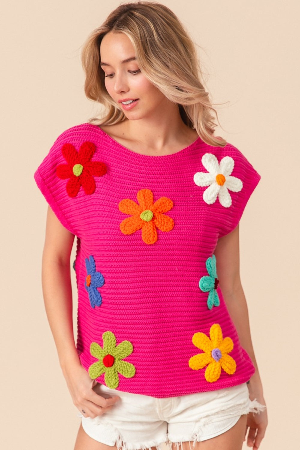 Flower Patch Cap Sleeve Knit Top