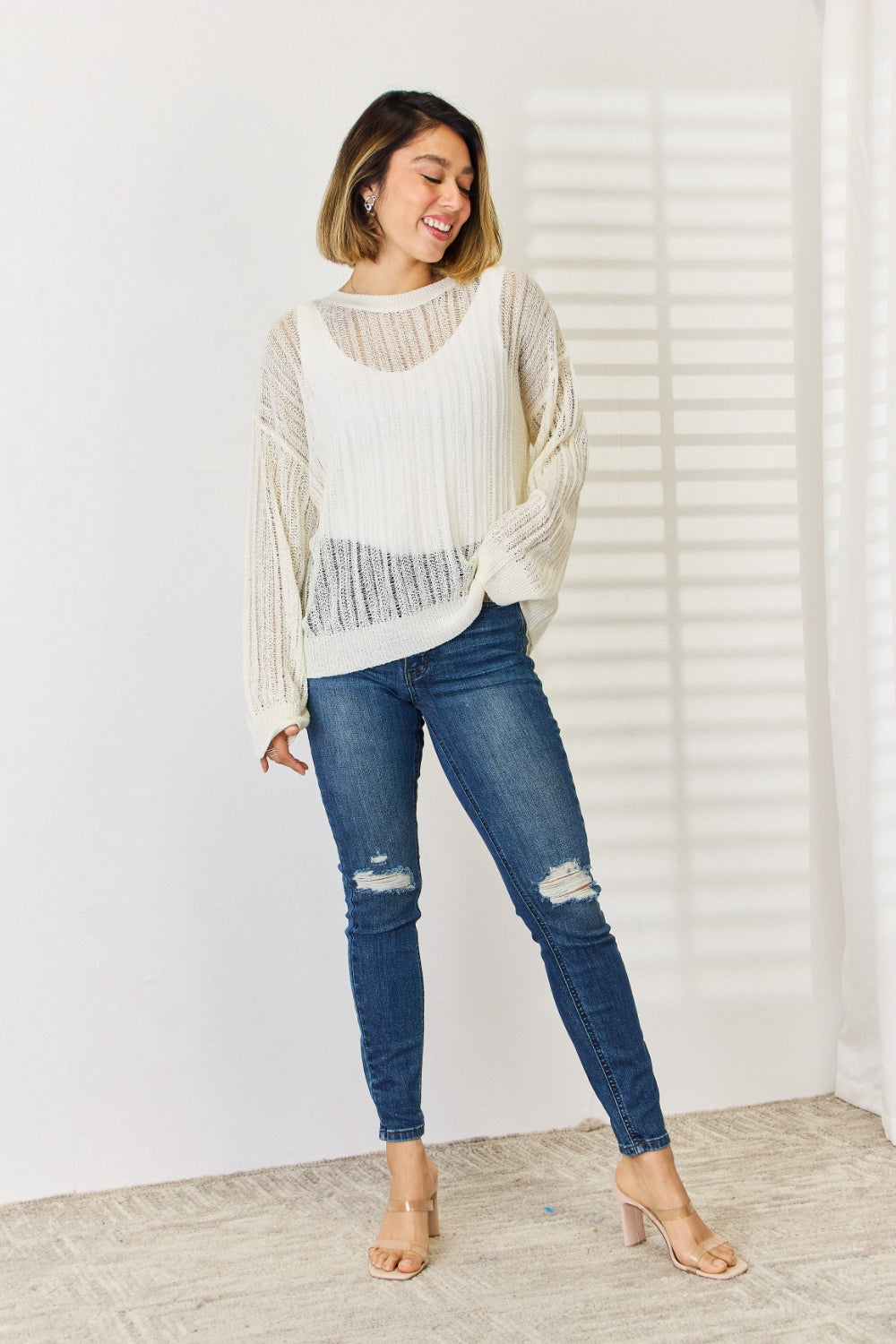 Openwork Ribbed Trim Knit Top