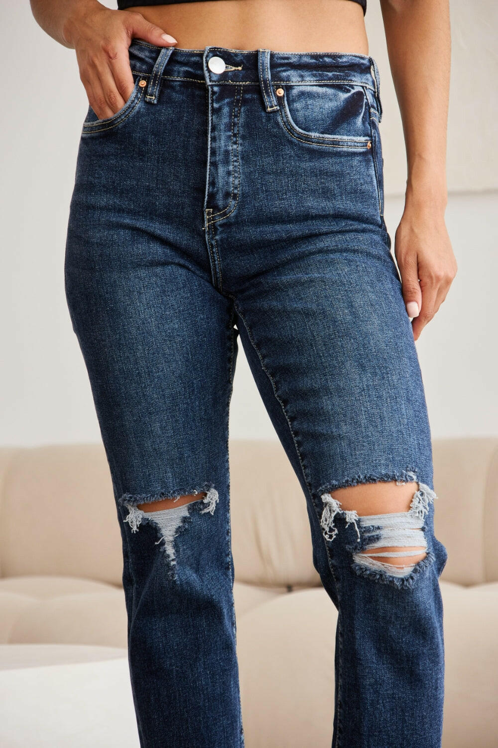 RFM 'Dylan' Tummy Control Distressed High Waist Raw Hem Cropped Jeans - Full Size.