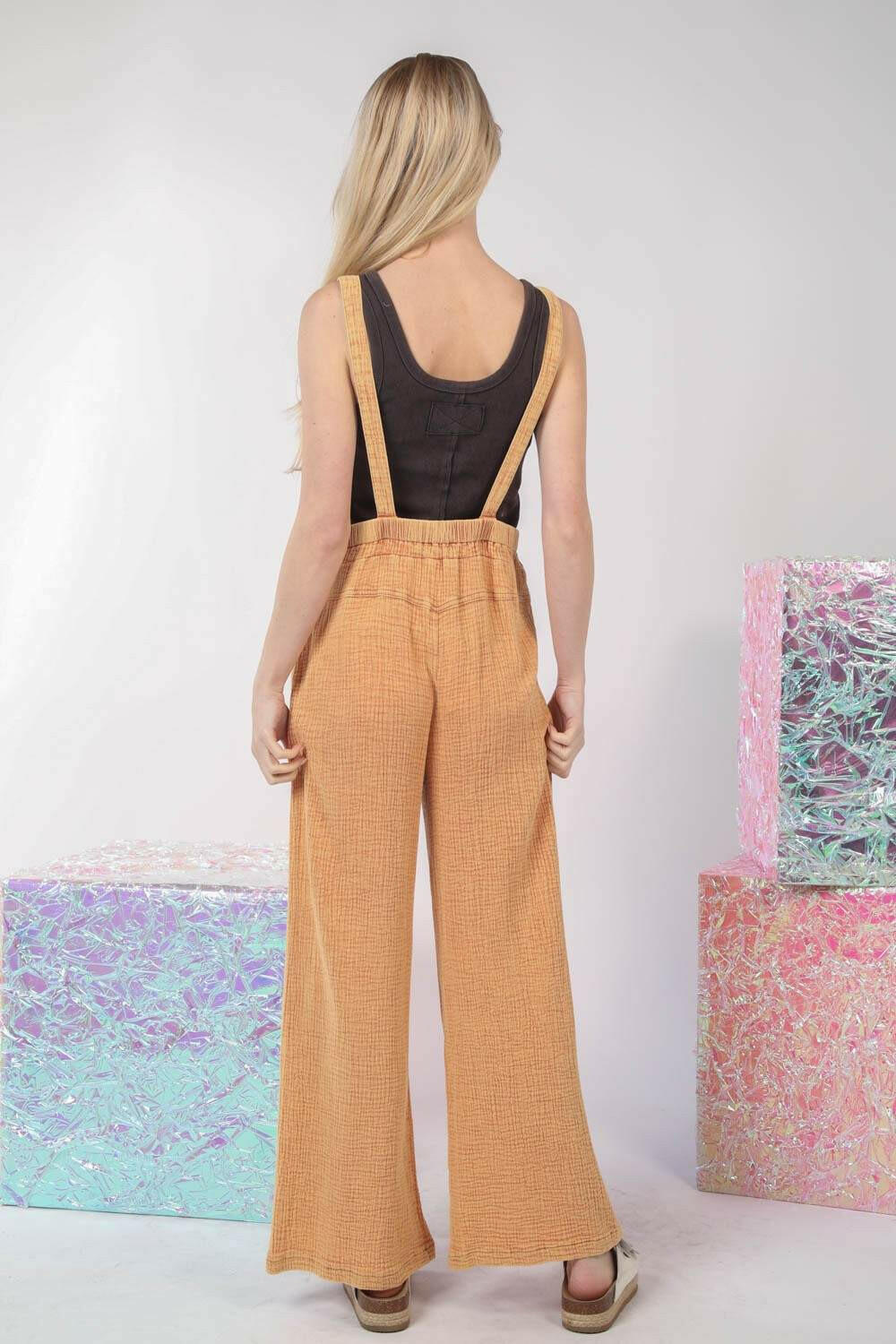 Texture Washed Wide Leg Overalls - Tangerine - The Rogue Daisy