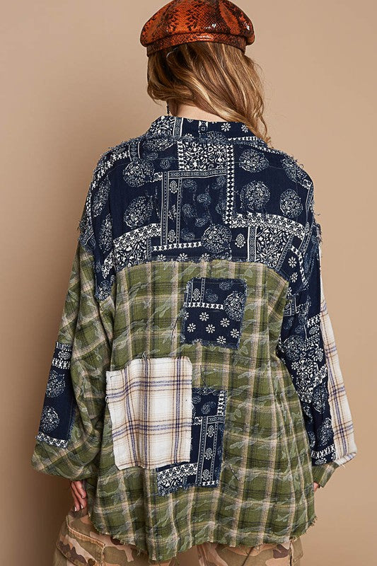 Patchwork Plaid Button Up Cotton Shirt