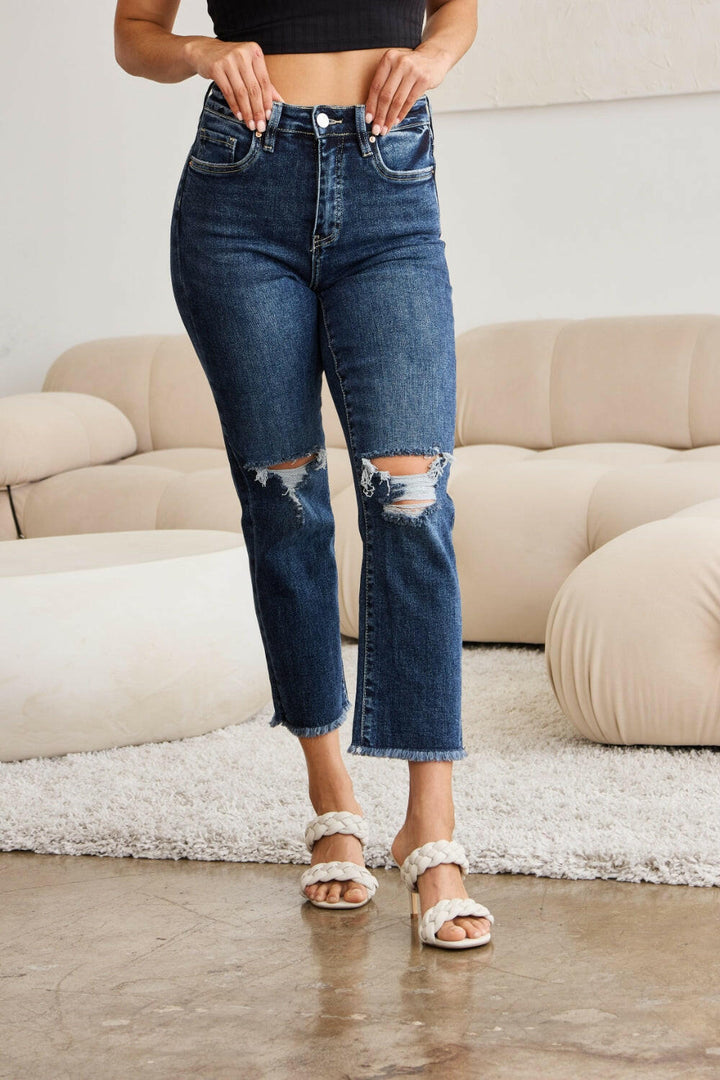 RFM 'Dylan' Tummy Control Distressed High Waist Raw Hem Cropped Jeans - Full Size.