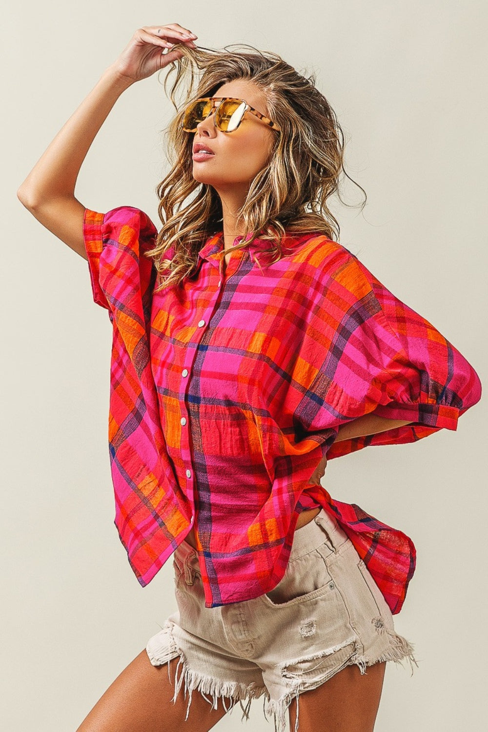 Linen Blend Dolman Sleeve Plaid Shirt