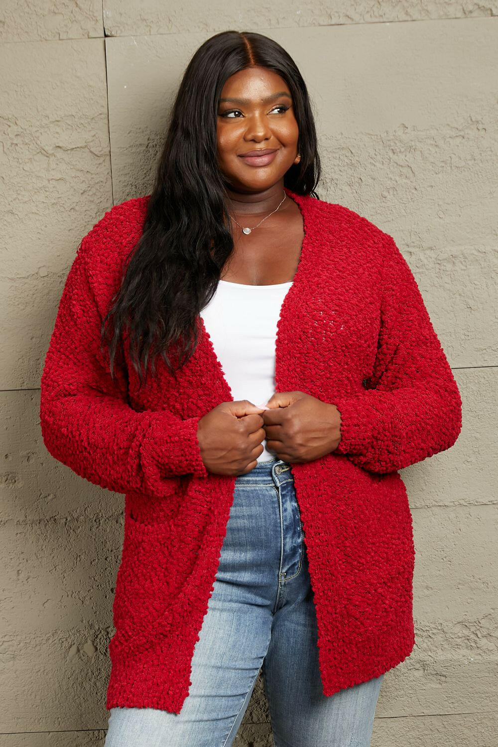 Full Size Open Front Popcorn Cardigan