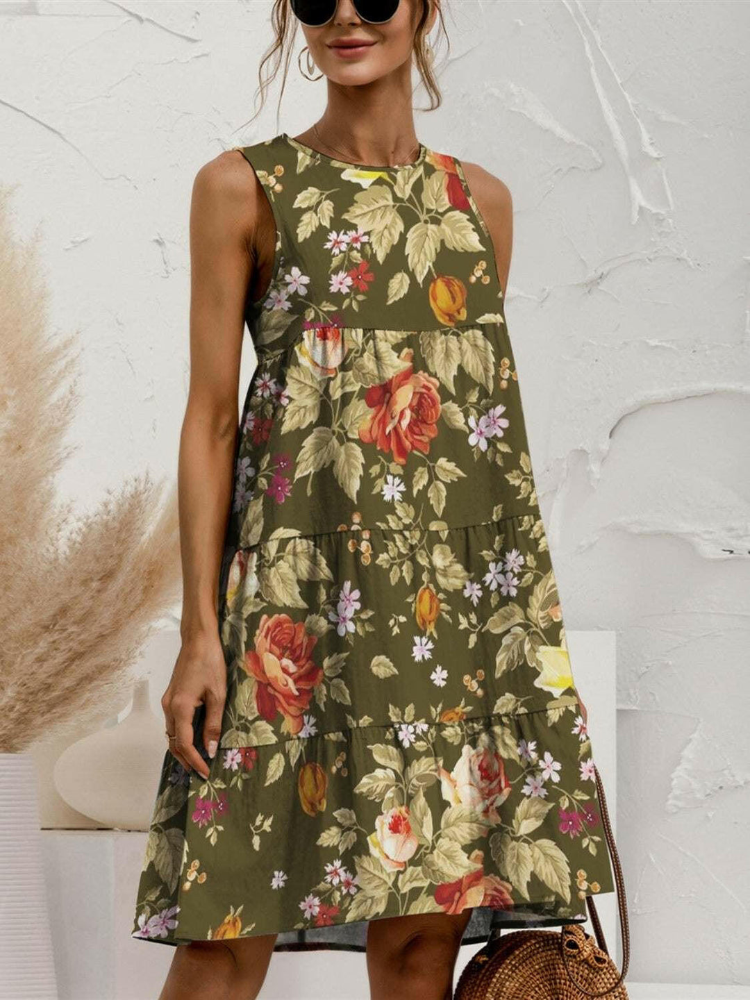 Tiered Printed Round Neck Sleeveless Dress.