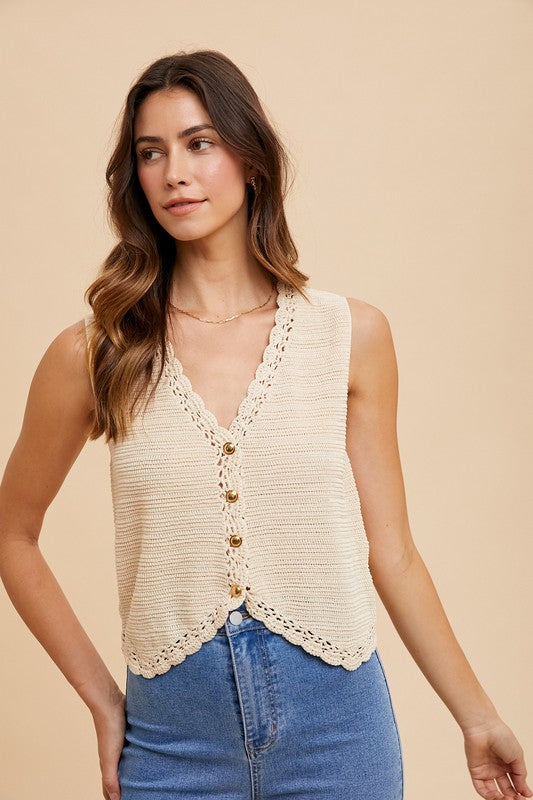 Crochet Trim Button Down Sweater Vest