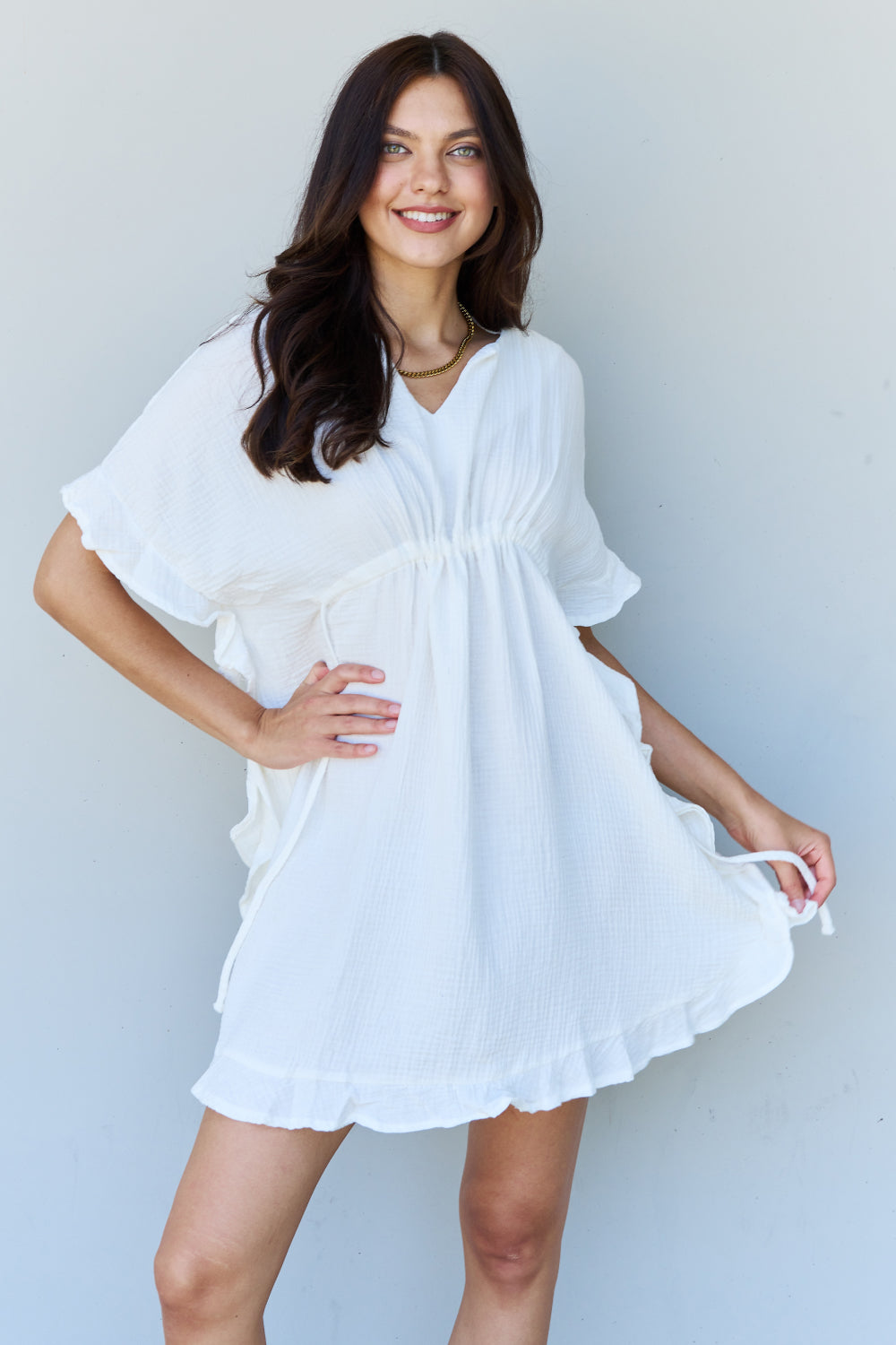 Cotton Ruffle Mini Dress with Drawstring Waist