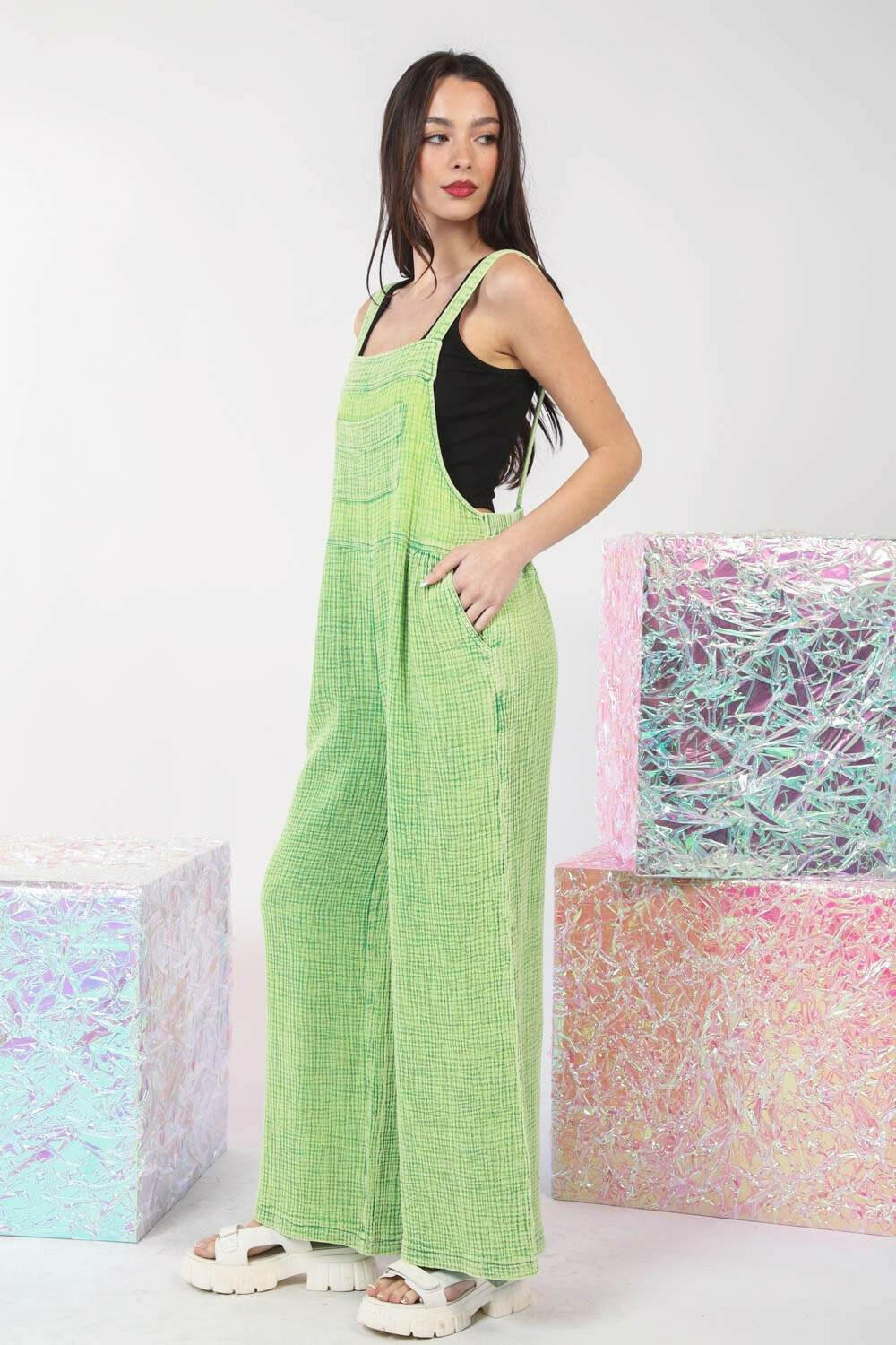 Texture Washed Wide Leg Overalls - Lime Green - The Rogue Daisy