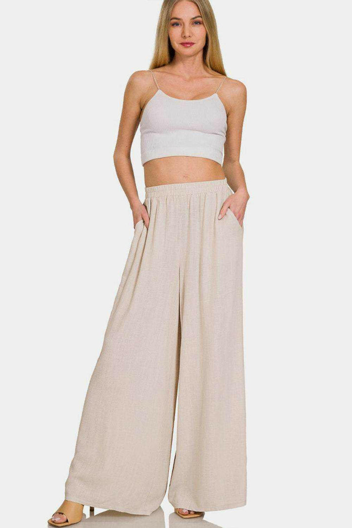 Pleated Linen-Blend Wide-Leg Pants.