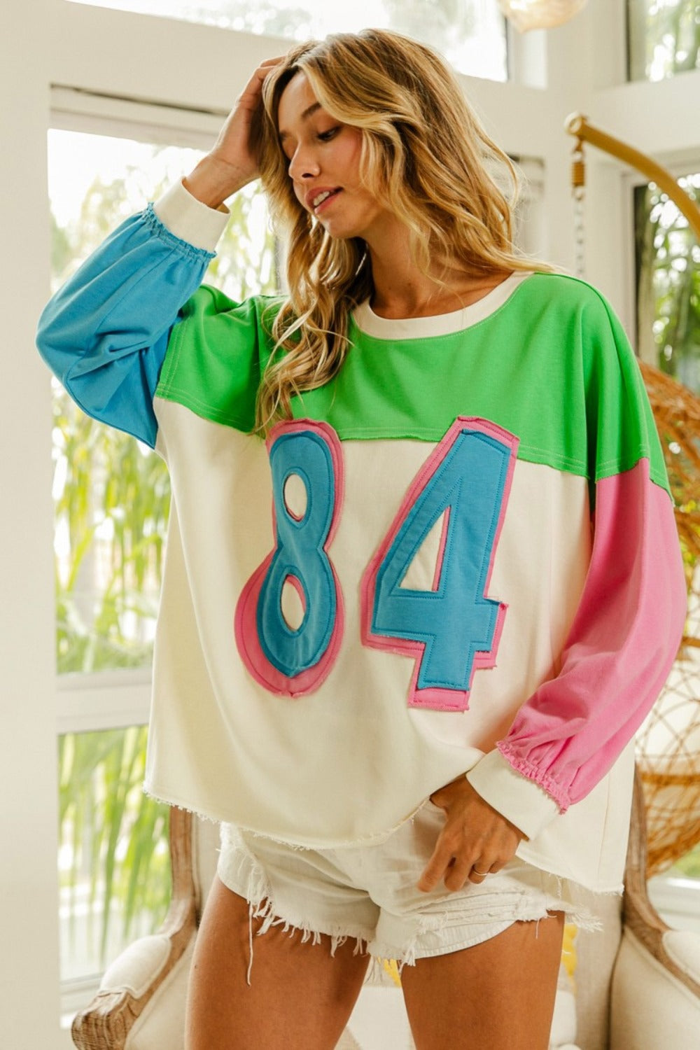 84 Color Block Patched Long Sleeve Top