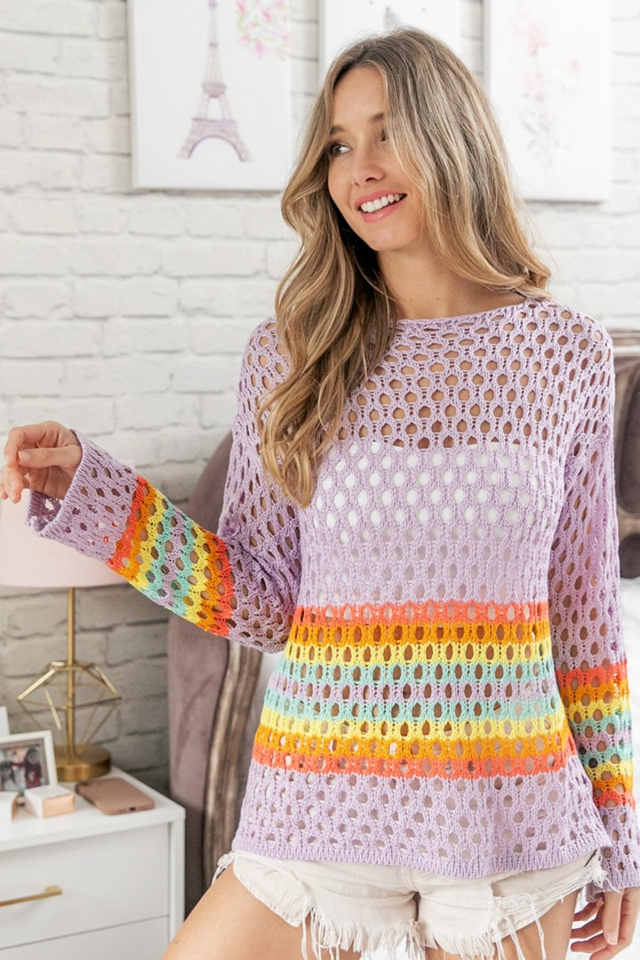 Rainbow Stripe Openwork Sweater