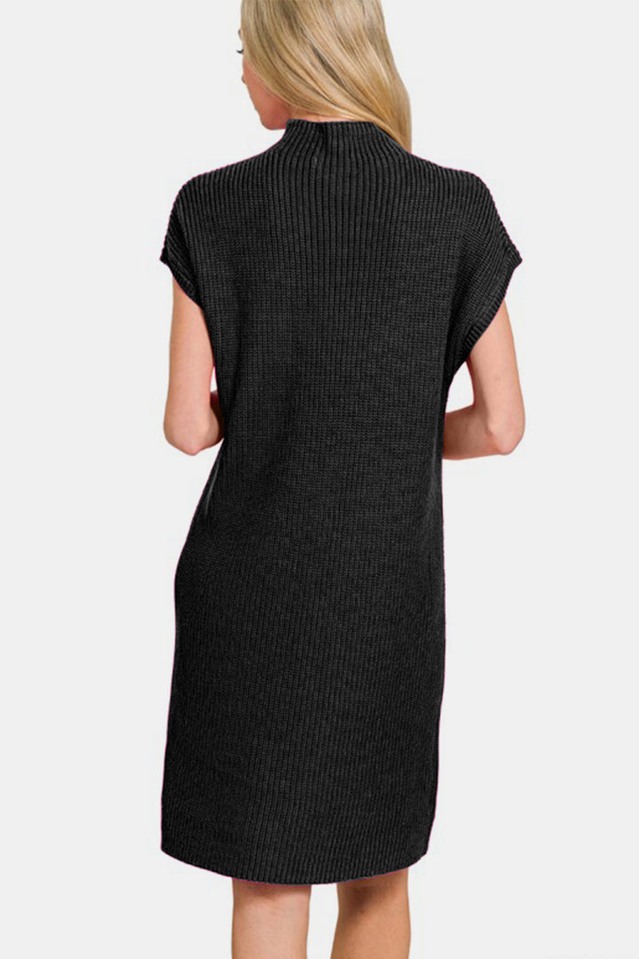 Cotton Mock Neck Short Sleeve Sweater Dress