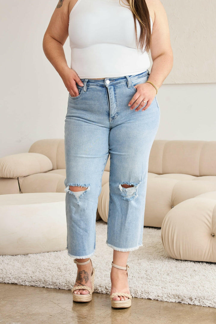 RFM Tummy Control High Waist Raw Hem Distressed Jeans - Full Size.