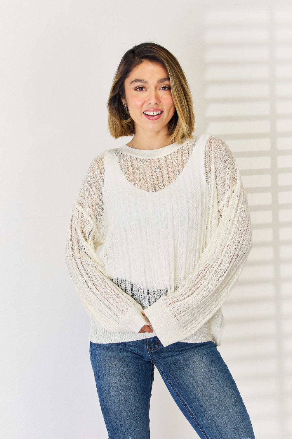 Openwork Ribbed Trim Knit Top