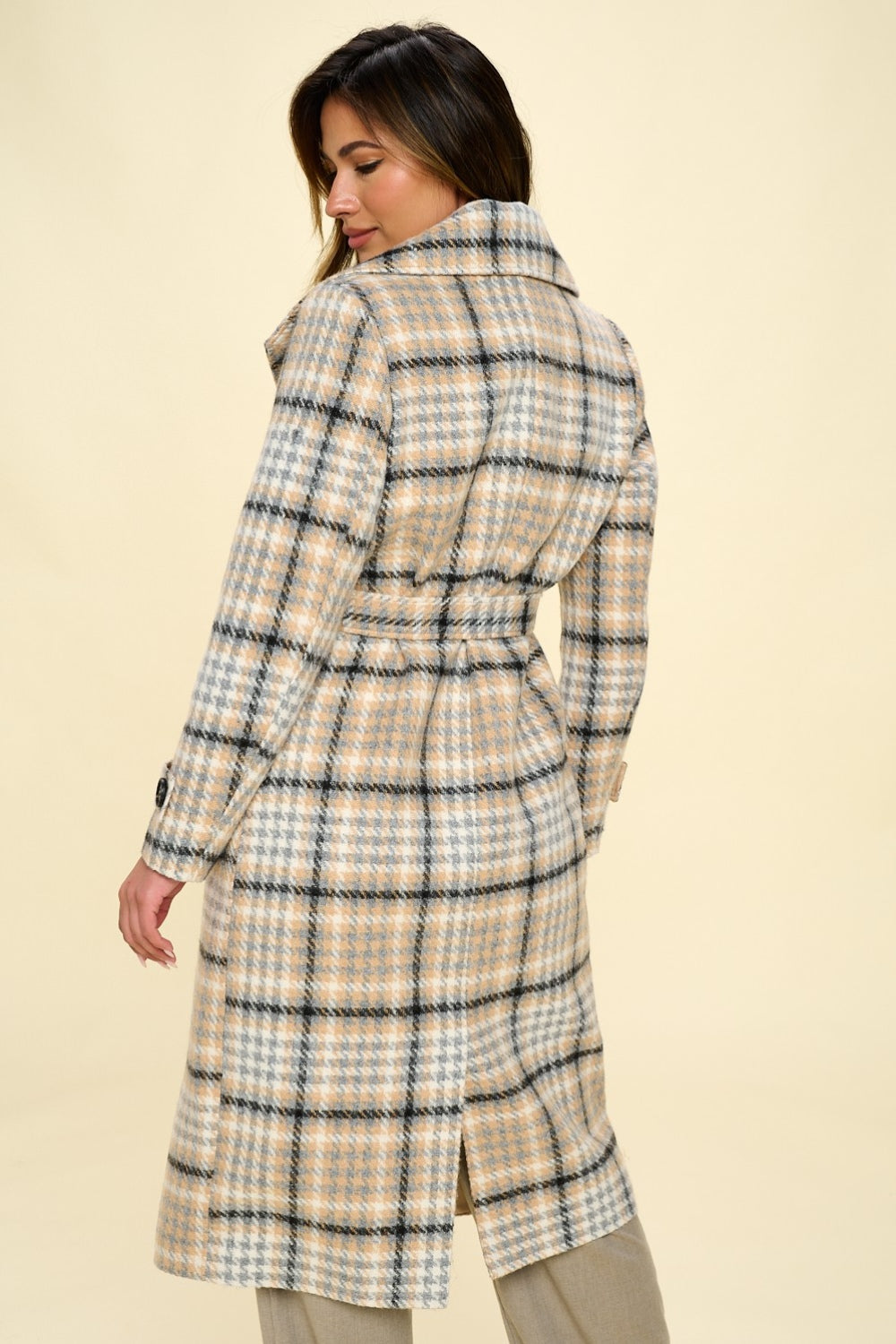 Double-Breasted Belted Plaid Coat