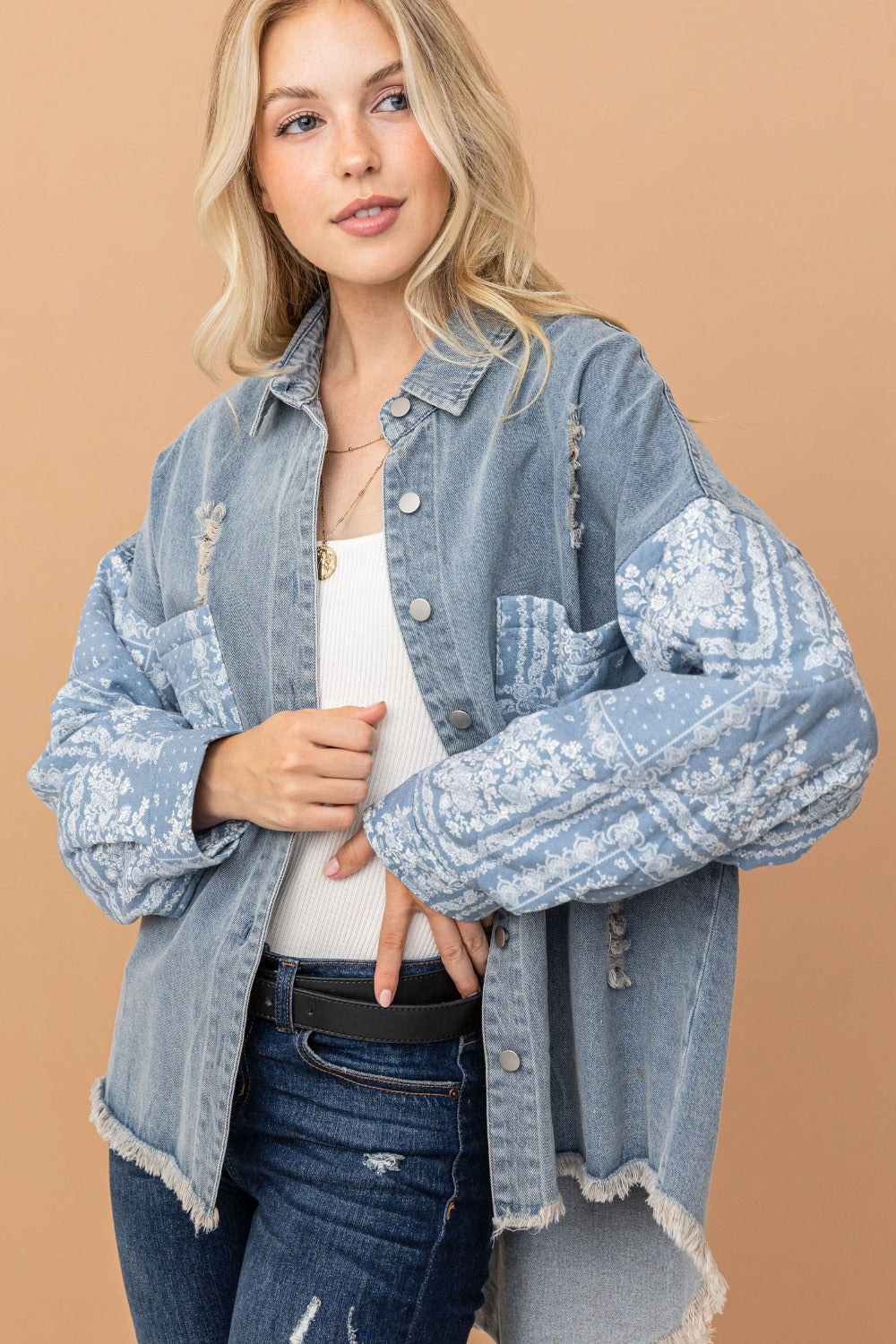 Paisley Print Quilted Denim Jacket