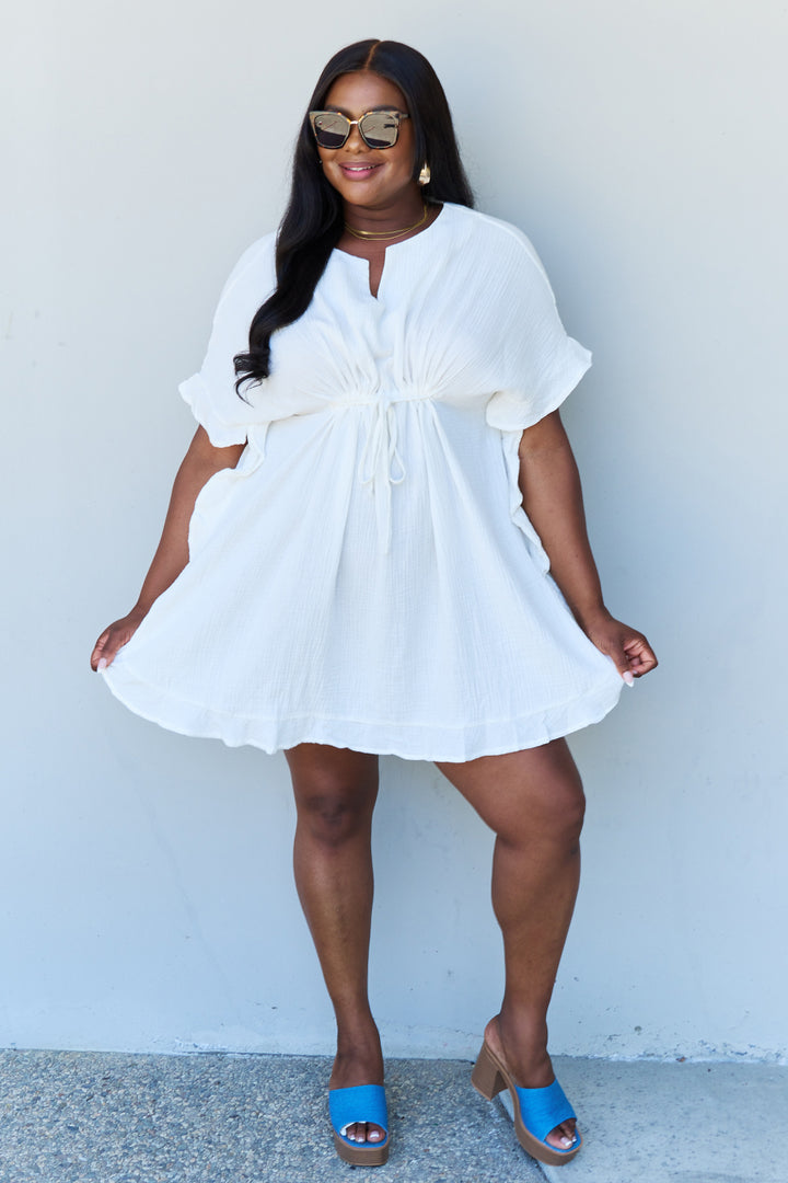 Cotton Ruffle Mini Dress with Drawstring Waist