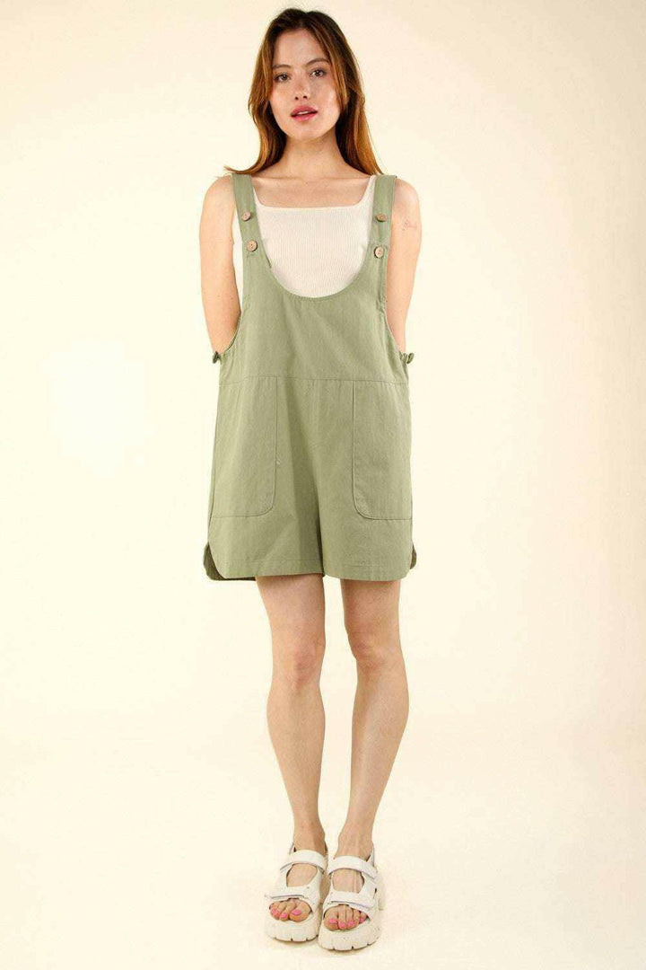 Soft Olive 'Breezy Days' Adjustable Waist Overall Shorts - Very J