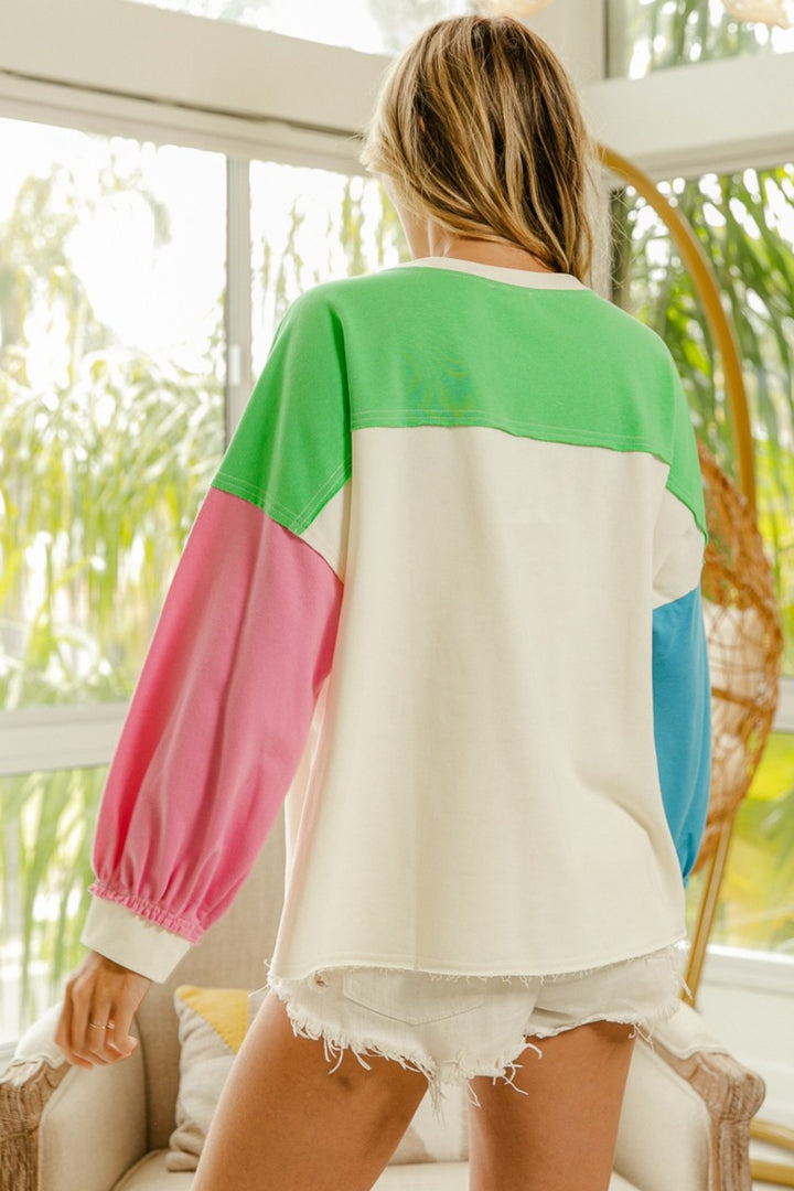 84 Color Block Patched Long Sleeve Top