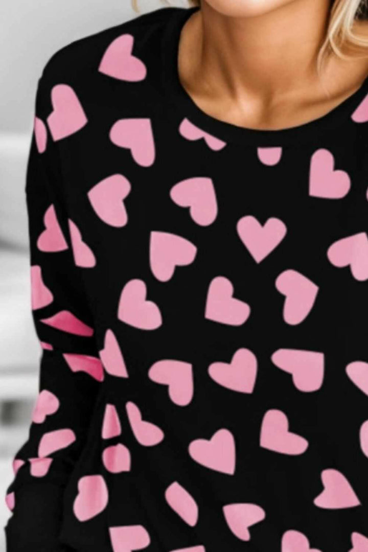 Heart Print Round Neck Top