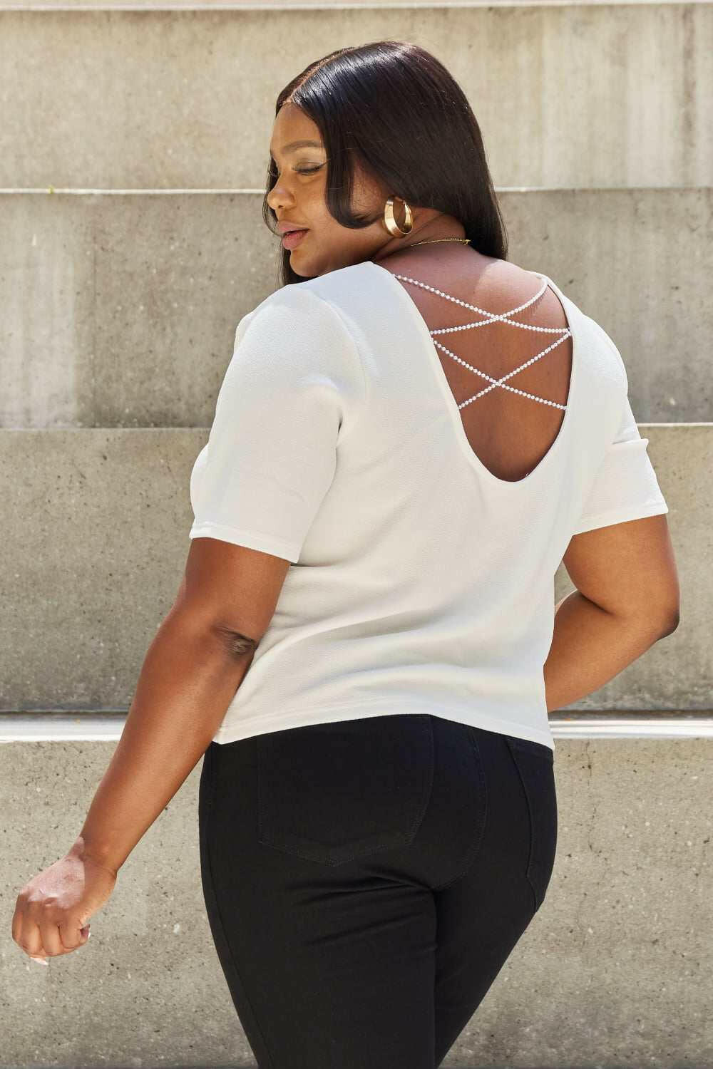 And The Why 'Pearly White' Criss Cross Pearl Detail Short Sleeve Blouse - Shirt - Full Size - The Rogue Daisy