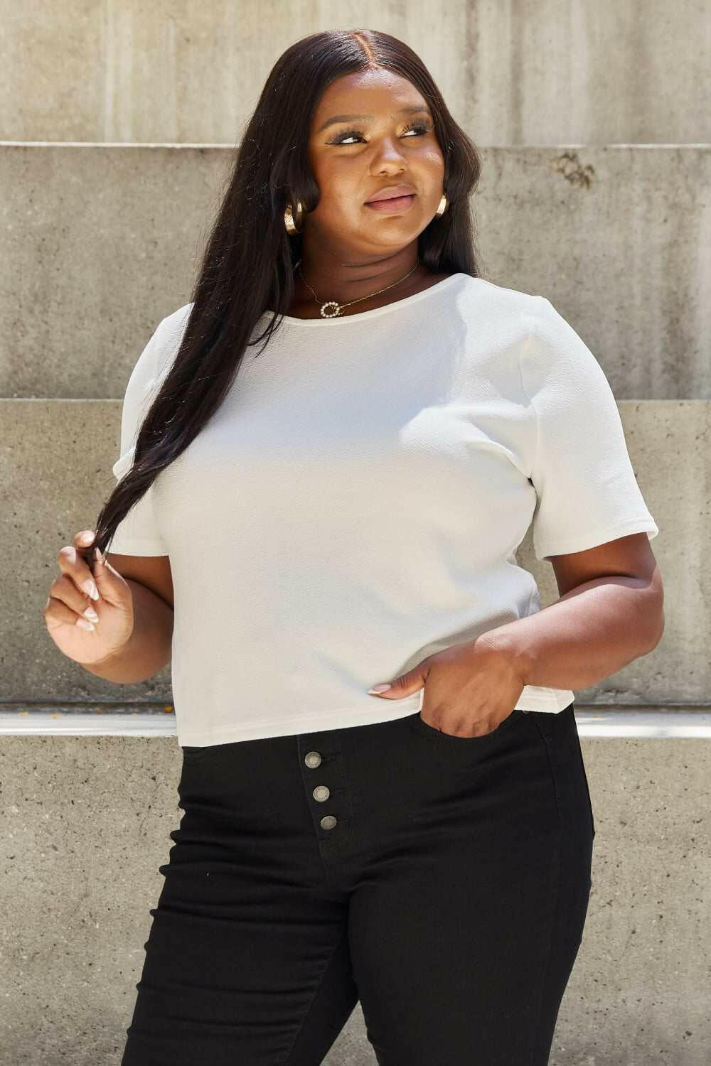 And The Why 'Pearly White' Criss Cross Pearl Detail Short Sleeve Blouse - Shirt - Full Size - The Rogue Daisy