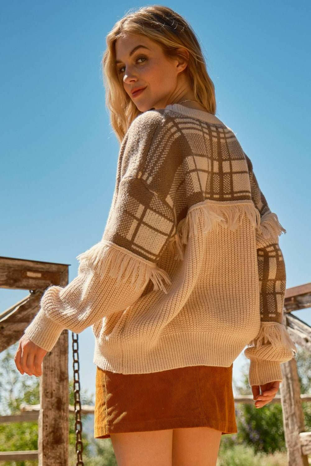 And The Why Plaid Pattern Color Block Fringe Sweater - The Rogue Daisy