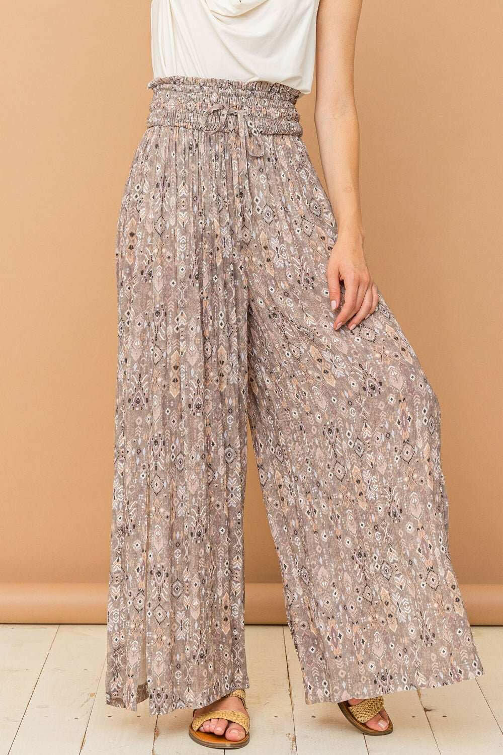 And The Why Printed Smocked Waist Slit Wide Leg Pants - The Rogue Daisy