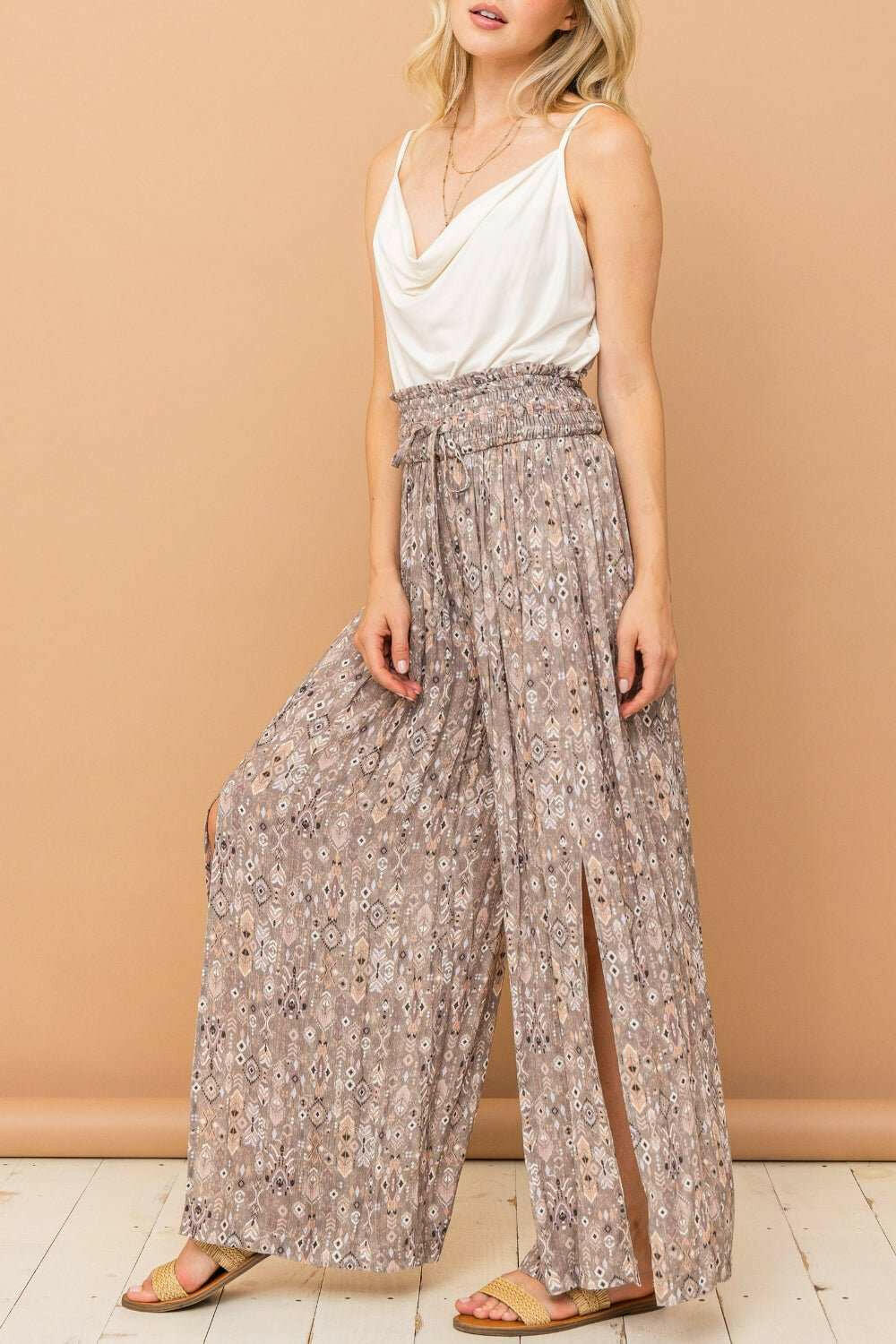 And The Why Printed Smocked Waist Slit Wide Leg Pants - The Rogue Daisy