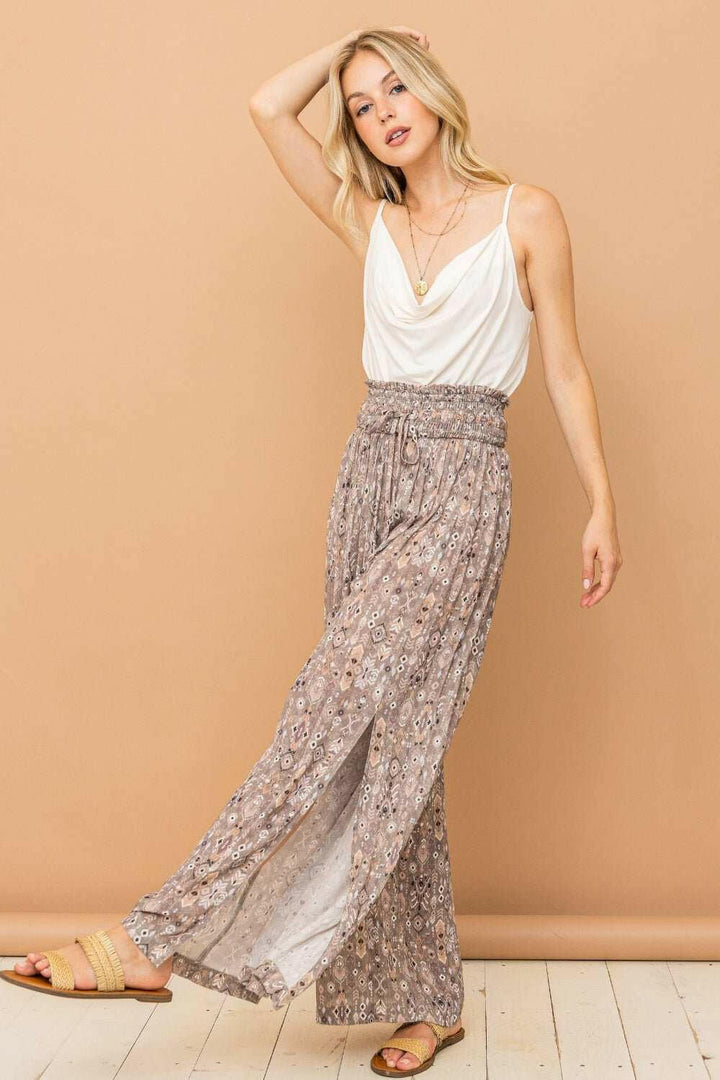 And The Why Printed Smocked Waist Slit Wide Leg Pants - The Rogue Daisy