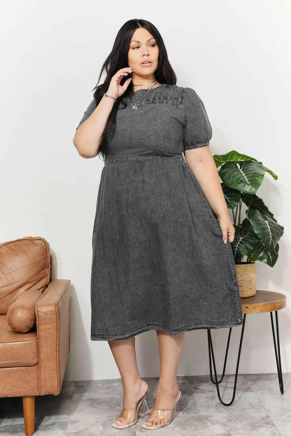 And The Why Washed Chambray Midi Dress - Full Size - The Rogue Daisy